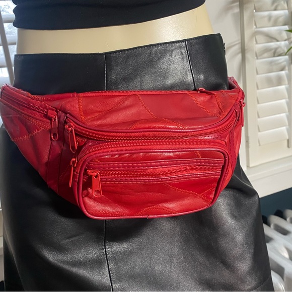 Vintage red Fanny Pack Waist Bag Genuine Patchwork Leather 6 zips 17” x 6.5” - Picture 3 of 10